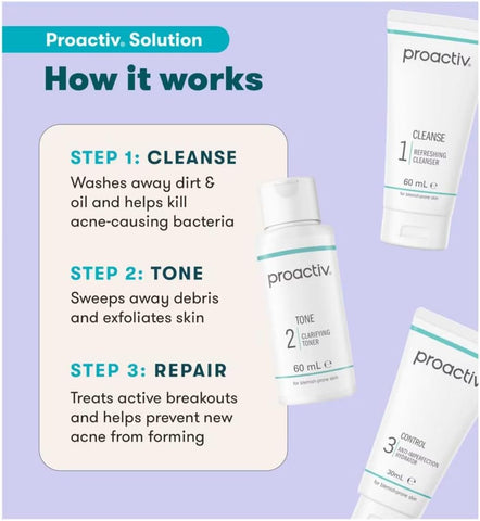 Proactiv Solution 30 Day Facial Cleansing 3-Step Routine, 1 x Cleanser 60ml, 1 x Facial Toner 60 ml, 1 x Hydrator 30 ml (Pack of 1)